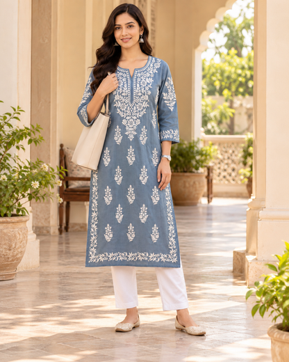 Blue Grey Embroidered Cotton Kurta