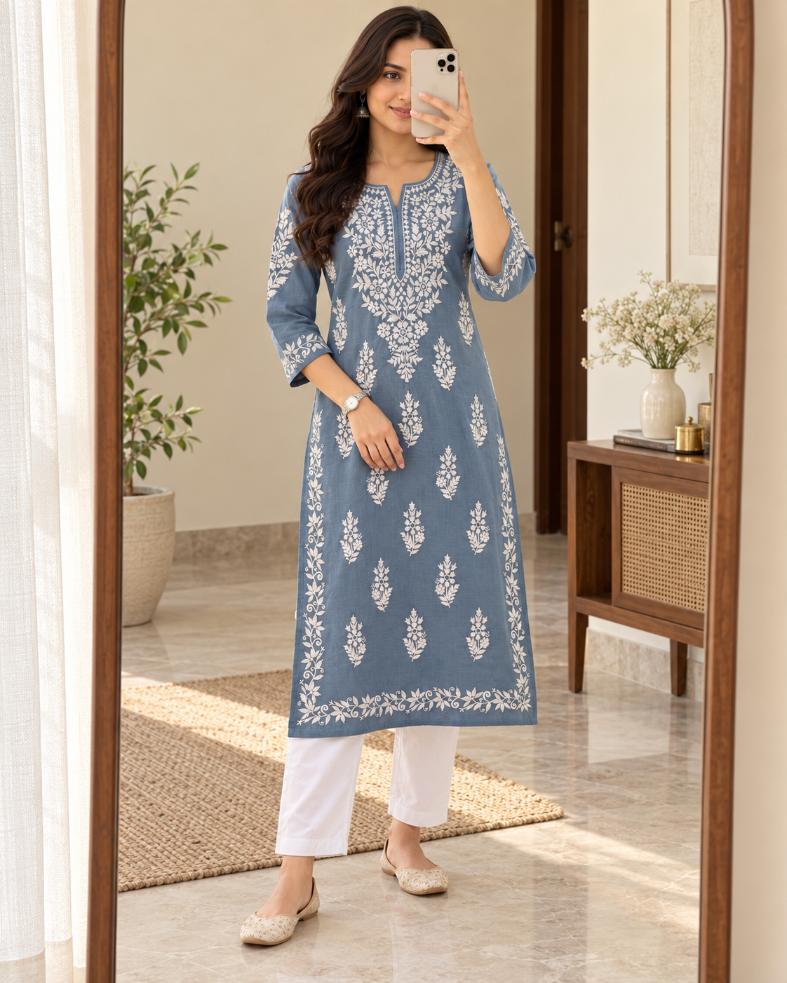 Blue Grey Embroidered Cotton Kurta