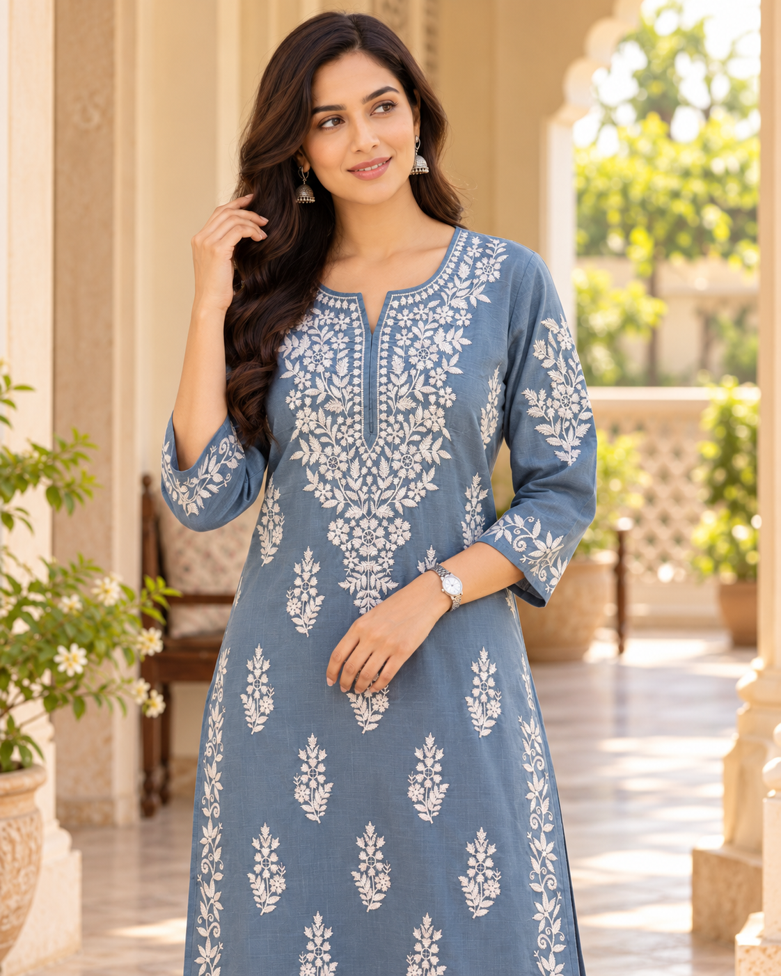 Blue Grey Embroidered Cotton Kurta
