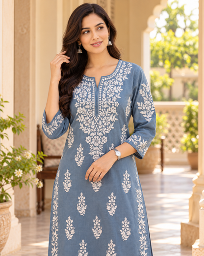 Blue Grey Embroidered Cotton Kurta