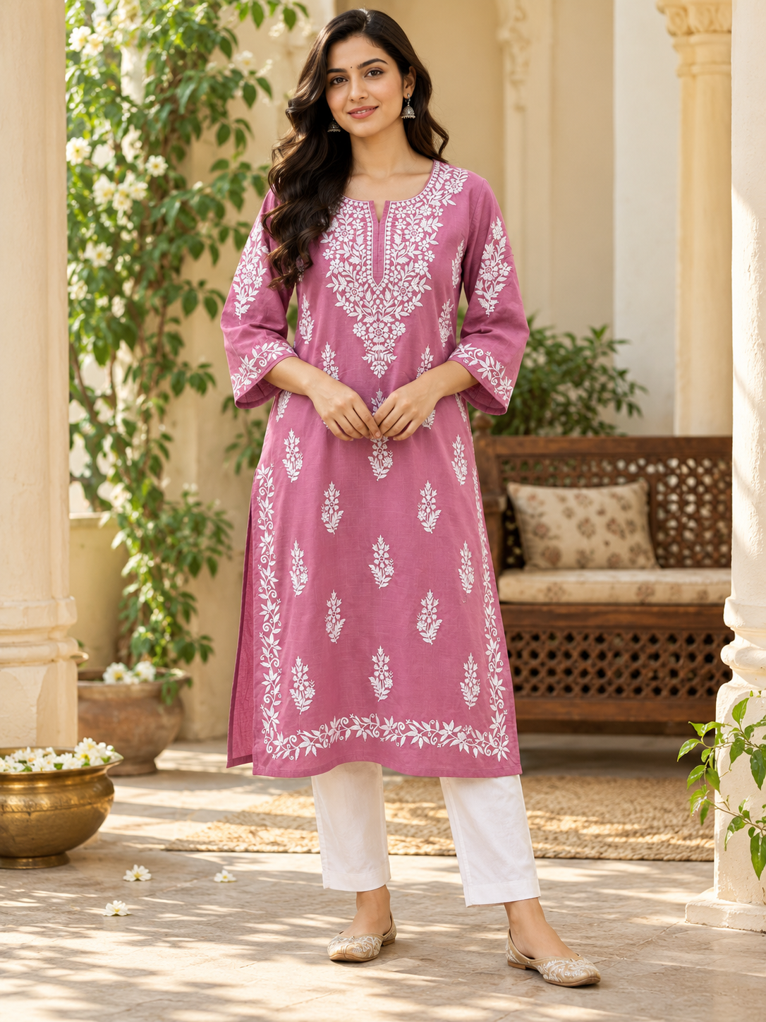 Dusty Rose Embroidered Cotton Kurta