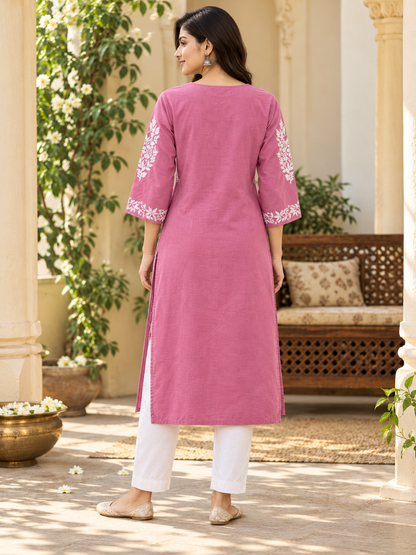 Dusty Rose Embroidered Cotton Kurta