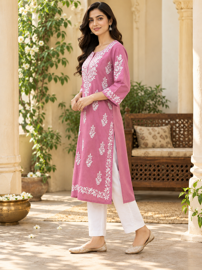 Dusty Rose Embroidered Cotton Kurta