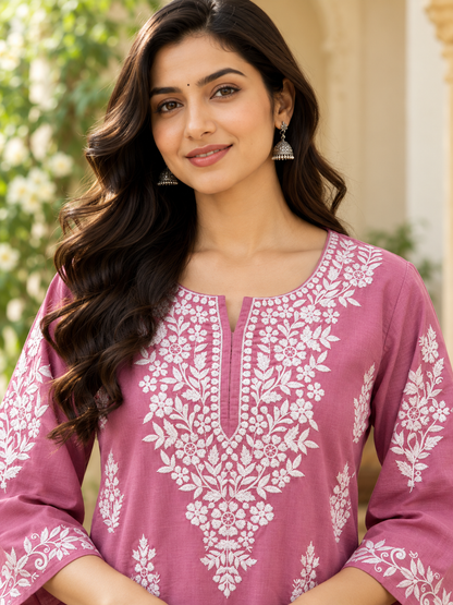 Dusty Rose Embroidered Cotton Kurta