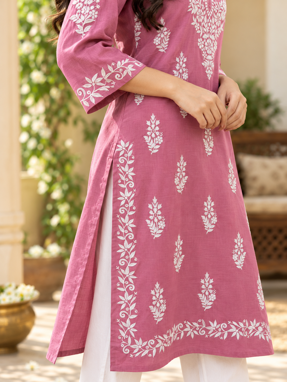 Dusty Rose Embroidered Cotton Kurta