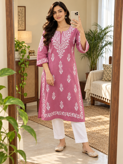 Dusty Rose Embroidered Cotton Kurta