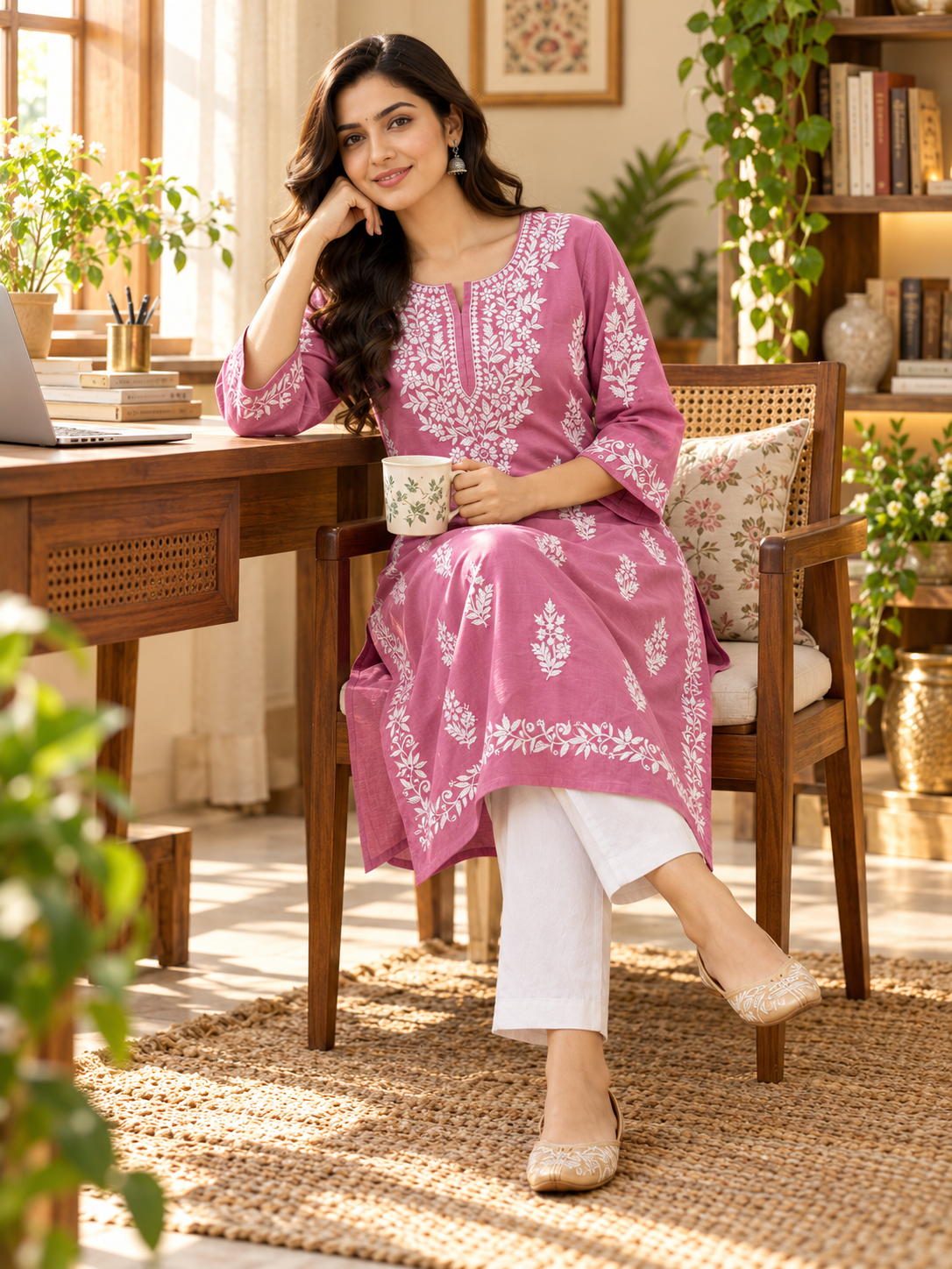Dusty Rose Embroidered Cotton Kurta