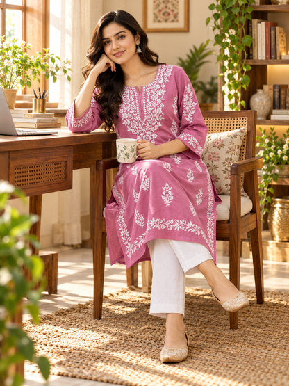 Dusty Rose Embroidered Cotton Kurta
