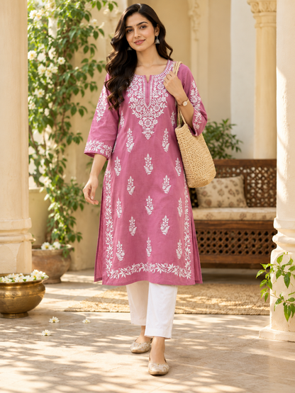 Dusty Rose Embroidered Cotton Kurta