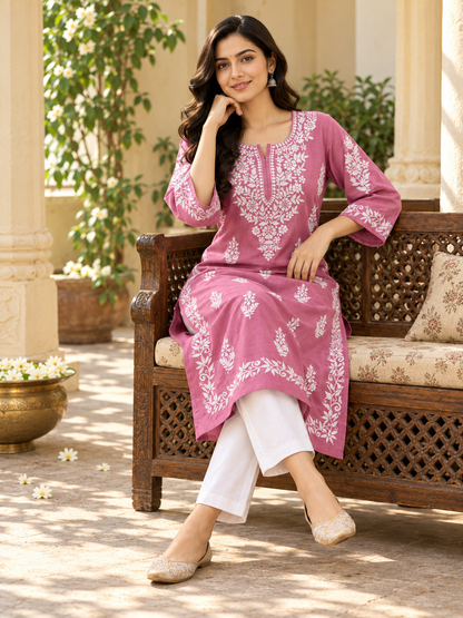 Dusty Rose Embroidered Cotton Kurta