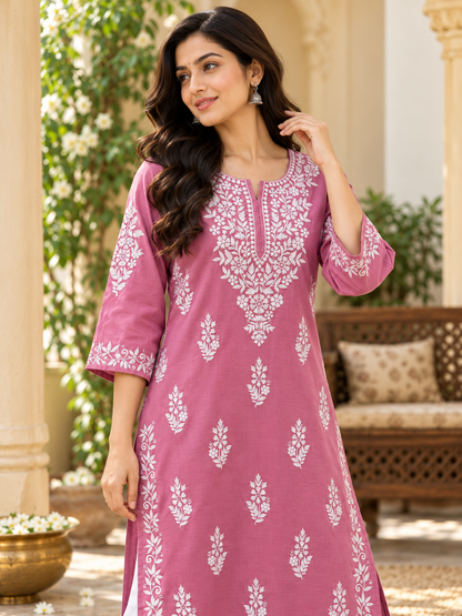 Dusty Rose Embroidered Cotton Kurta