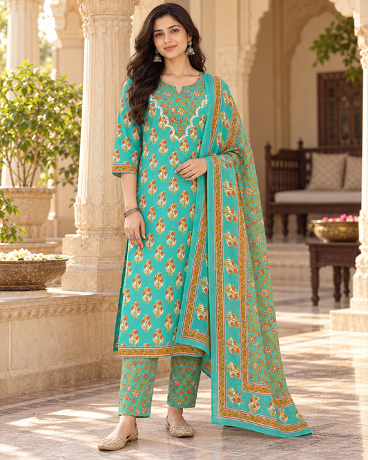 Green Apple Floral Boota Embroidery Yoke Cotton Suit Set