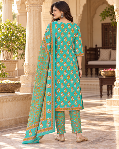Green Apple Floral Boota Embroidery Yoke Cotton Suit Set