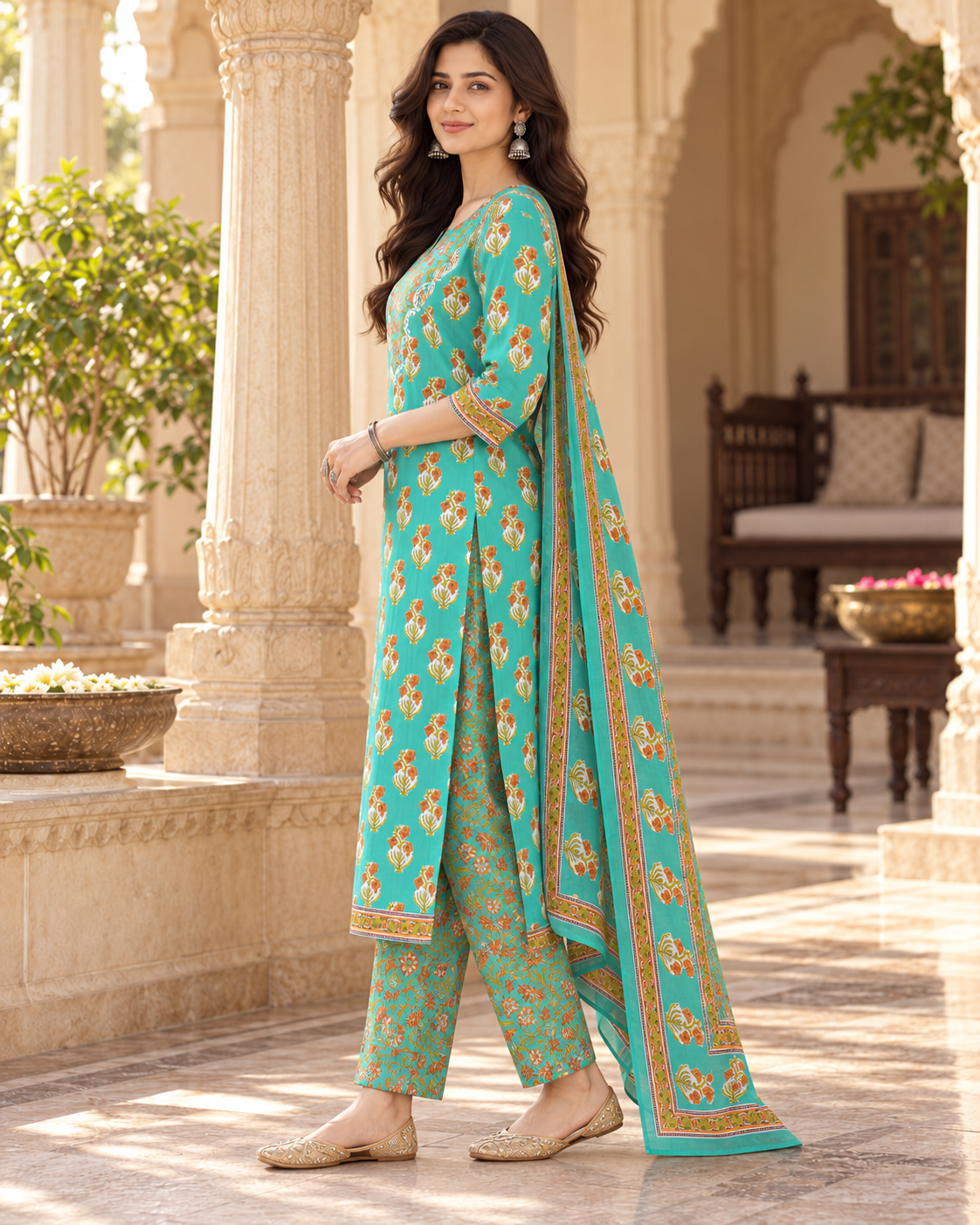 Green Apple Floral Boota Embroidery Yoke Cotton Suit Set