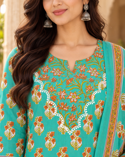 Green Apple Floral Boota Embroidery Yoke Cotton Suit Set