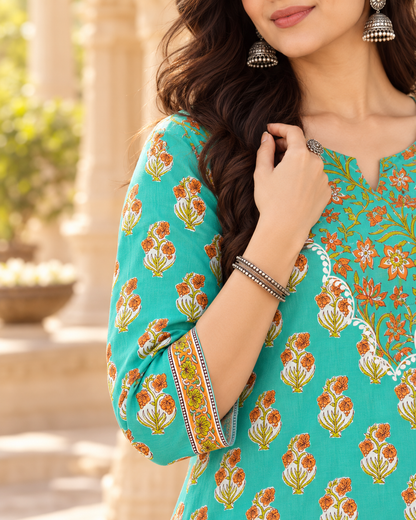 Green Apple Floral Boota Embroidery Yoke Cotton Suit Set