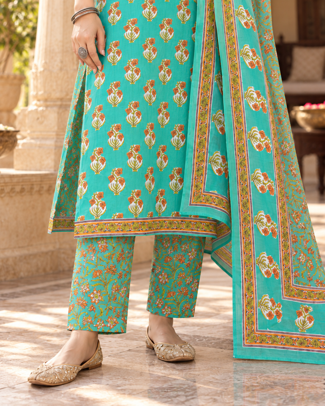 Green Apple Floral Boota Embroidery Yoke Cotton Suit Set