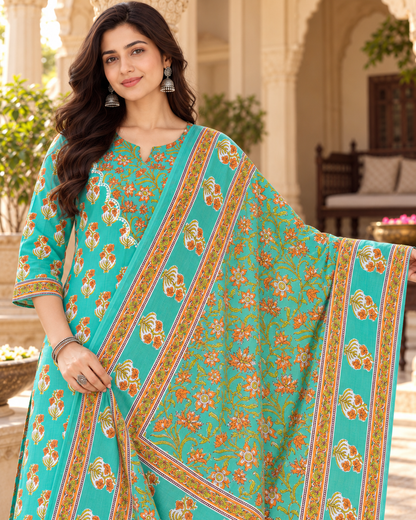 Green Apple Floral Boota Embroidery Yoke Cotton Suit Set