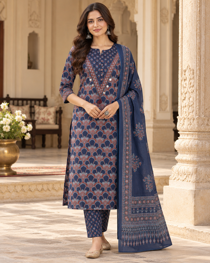 Navy Jharokha Handwork Pure Cotton Suit Set