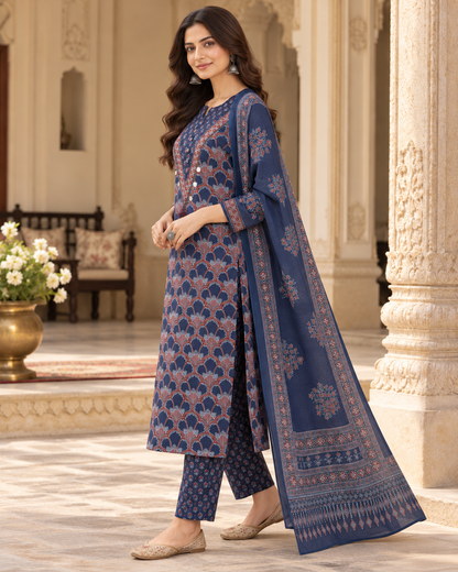 Navy Jharokha Handwork Pure Cotton Suit Set