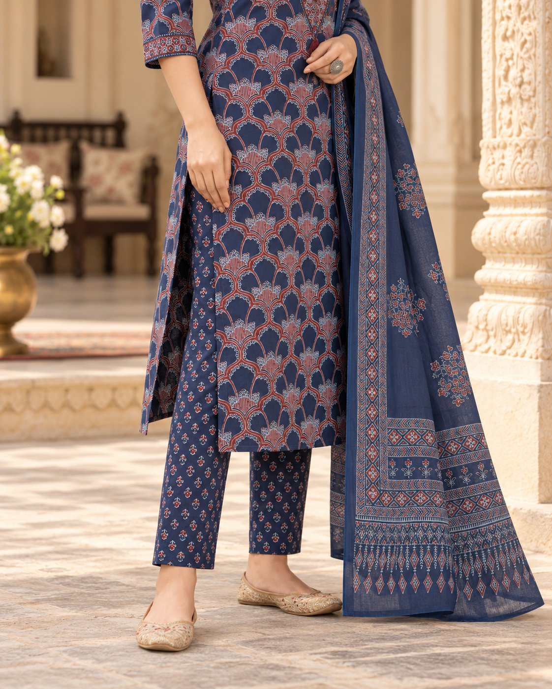 Navy Jharokha Handwork Pure Cotton Suit Set