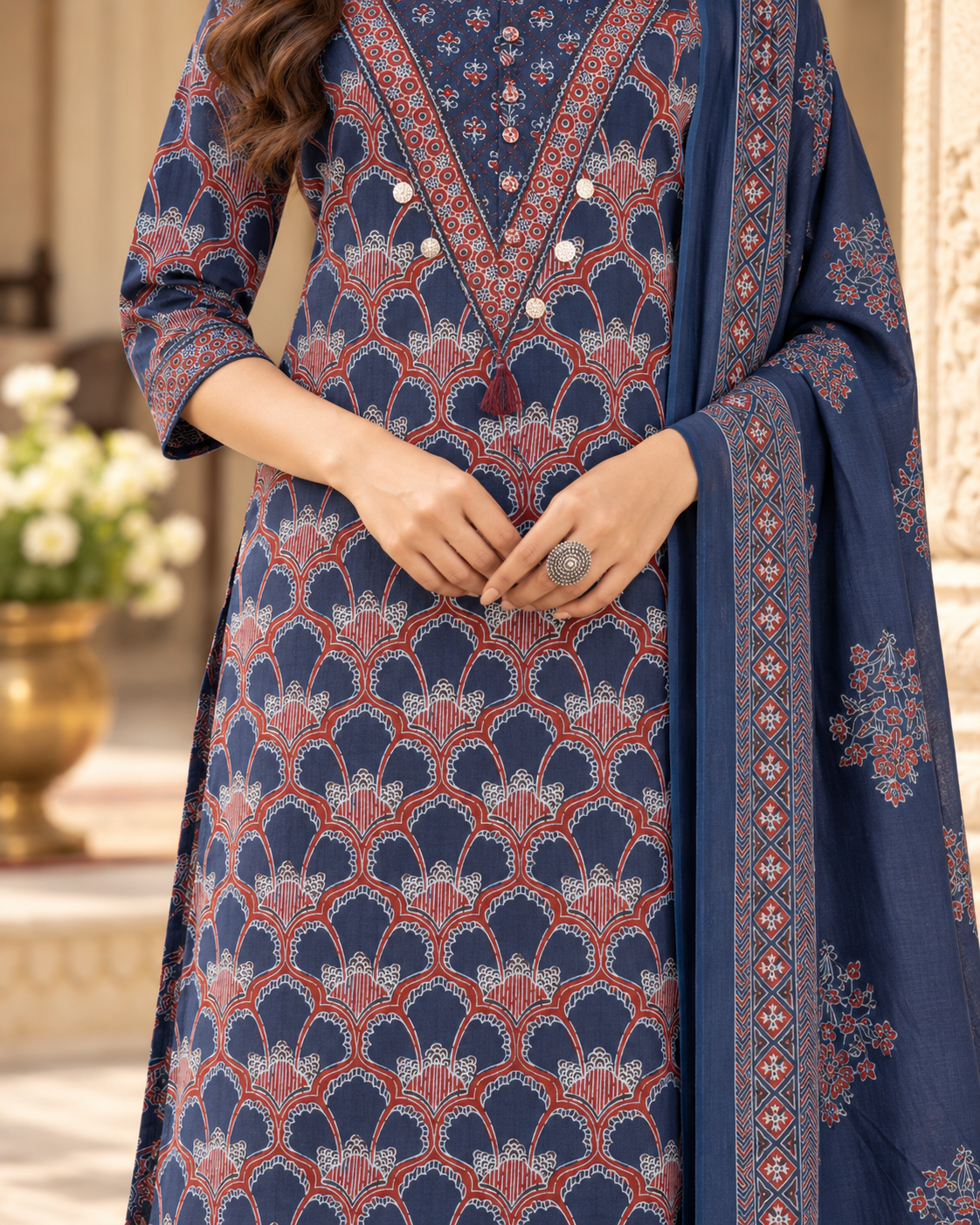 Navy Jharokha Handwork Pure Cotton Suit Set
