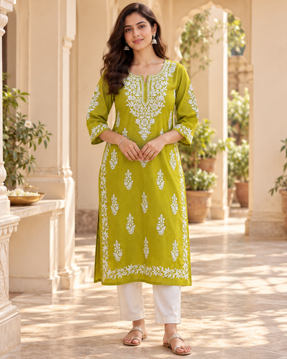 Lime Green Embroidered Cotton Kurta