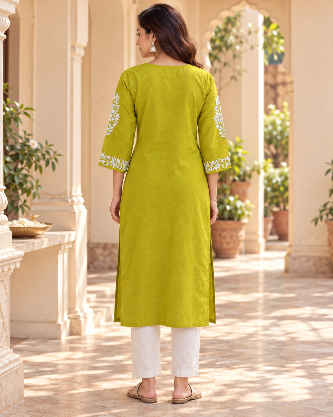 Lime Green Embroidered Cotton Kurta