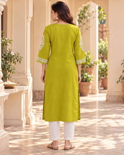 Lime Green Embroidered Cotton Kurta
