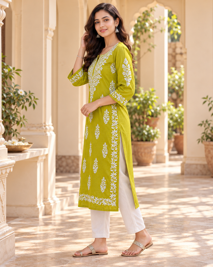 Lime Green Embroidered Cotton Kurta