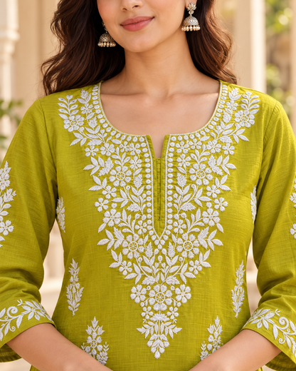 Lime Green Embroidered Cotton Kurta