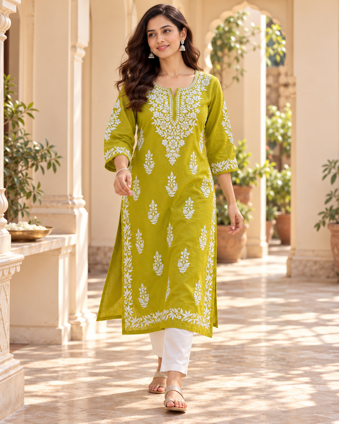 Lime Green Embroidered Cotton Kurta