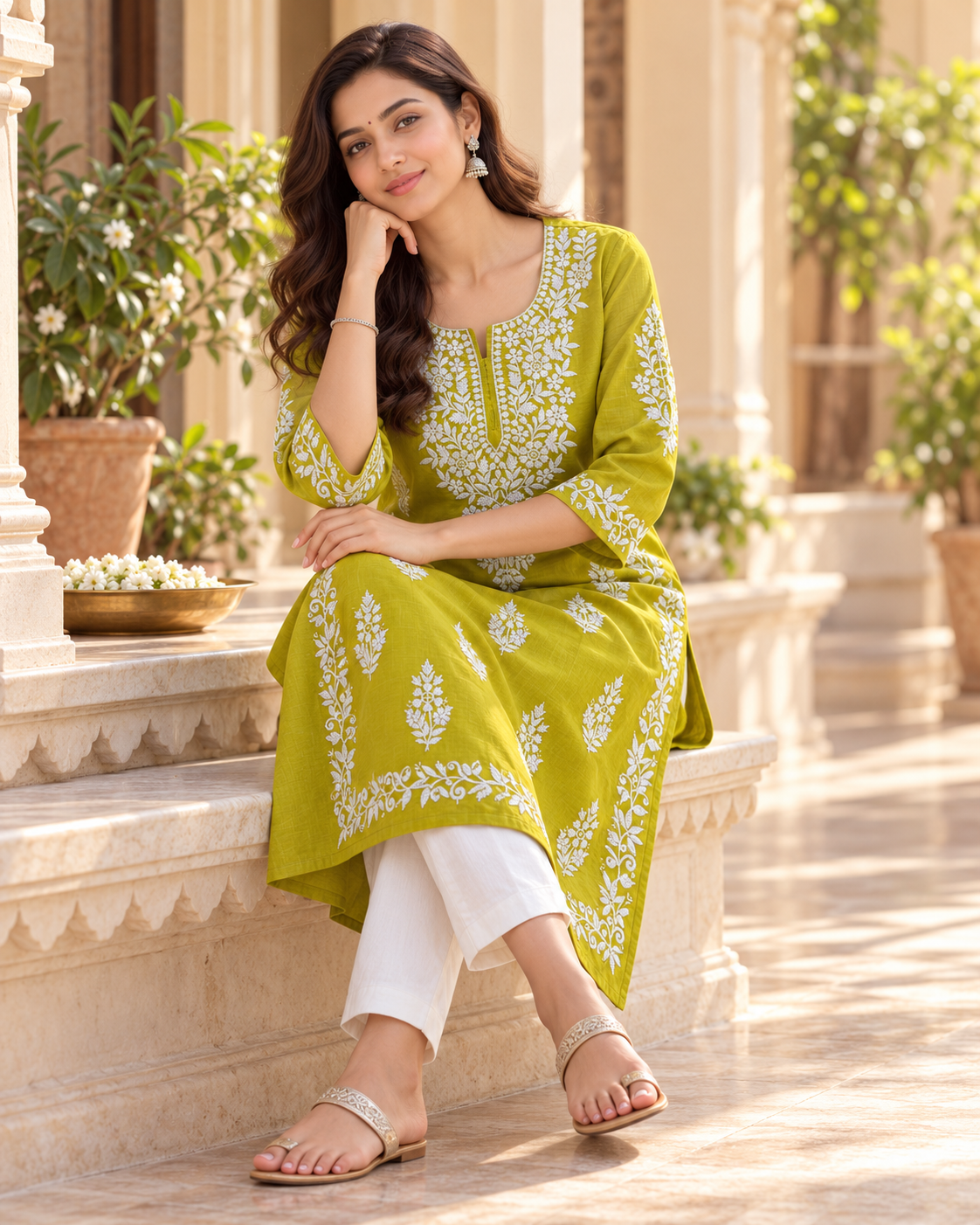 Lime Green Embroidered Cotton Kurta