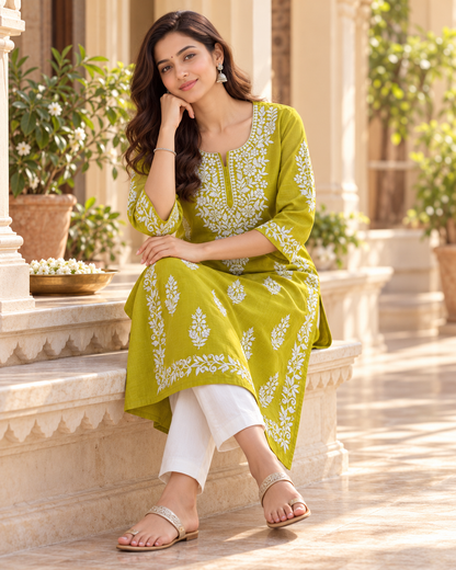 Lime Green Embroidered Cotton Kurta