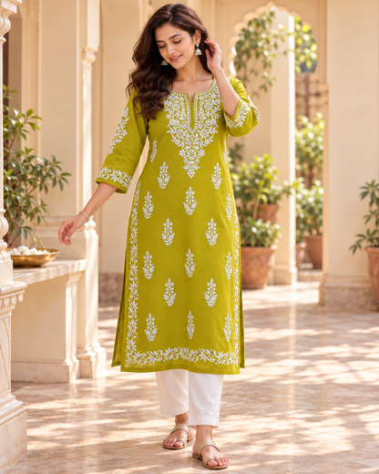Lime Green Embroidered Cotton Kurta