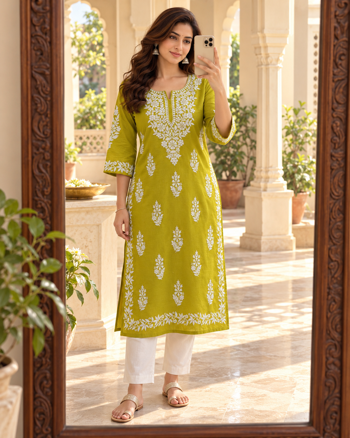 Lime Green Embroidered Cotton Kurta
