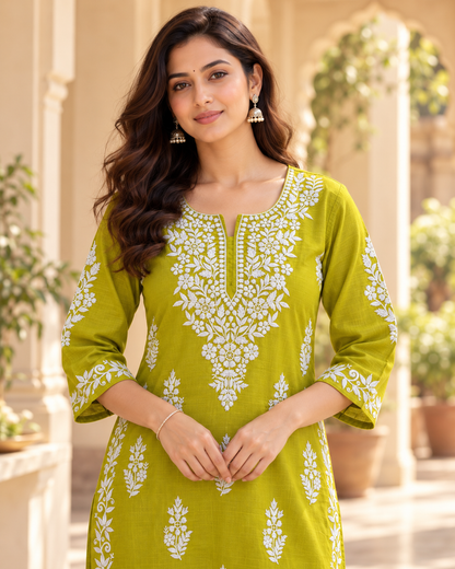 Lime Green Embroidered Cotton Kurta