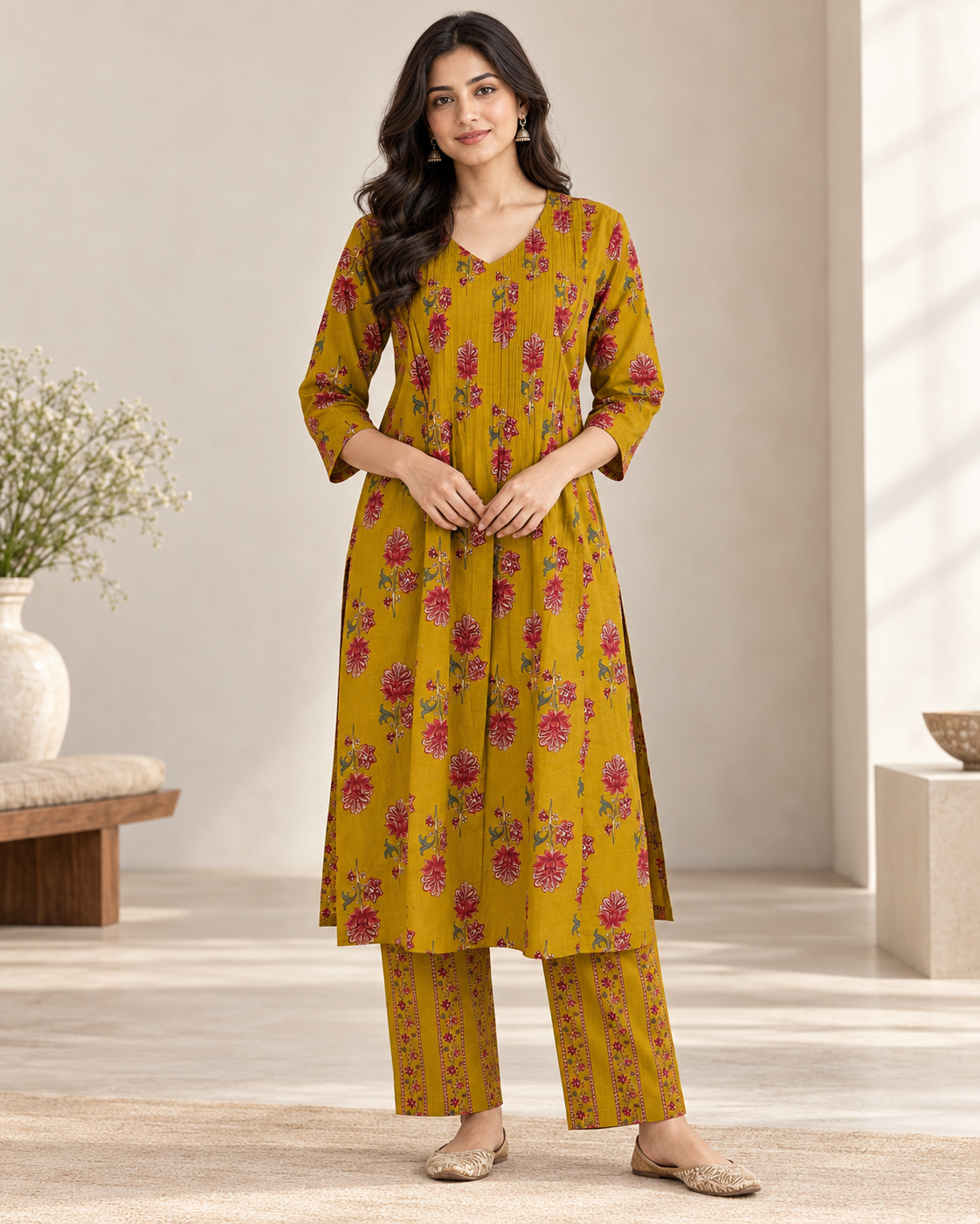 Mustard Blossom Pintex Cotton Kurta pant Set