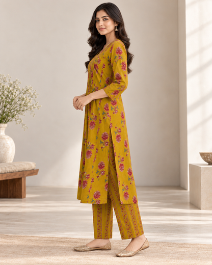 Mustard Blossom Pintex Cotton Kurta pant Set