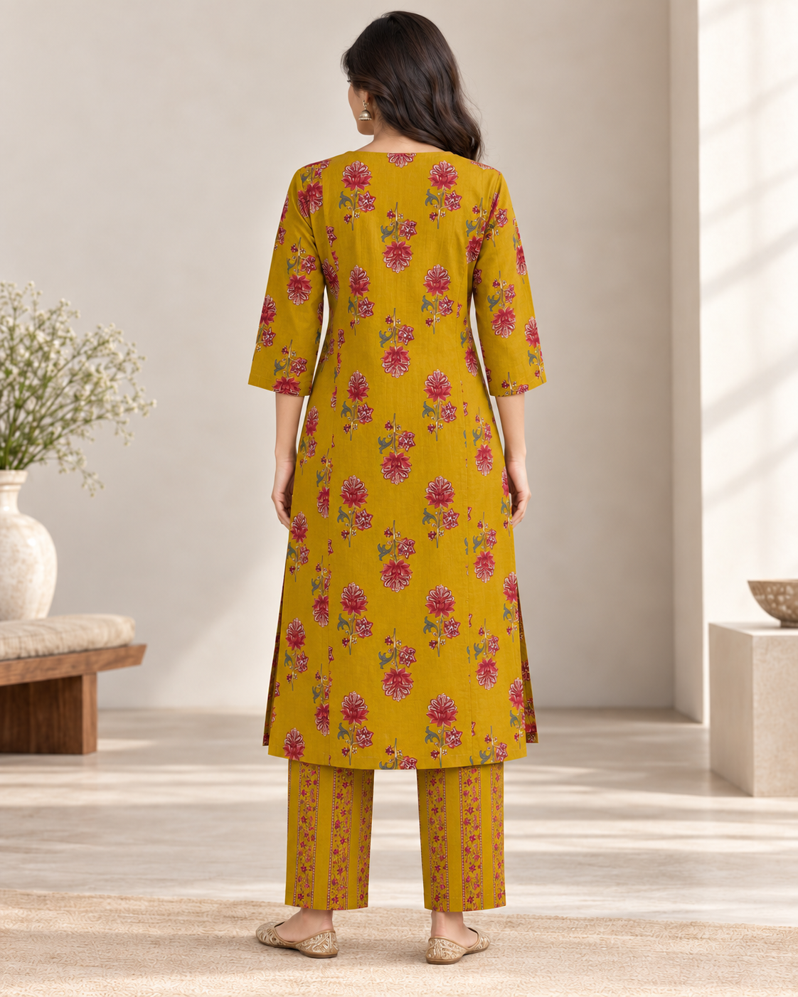 Mustard Blossom Pintex Cotton Kurta pant Set
