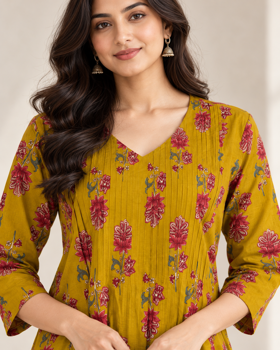 Mustard Blossom Pintex Cotton Kurta pant Set