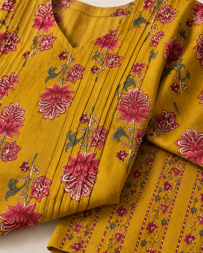 Mustard Blossom Pintex Cotton Kurta pant Set