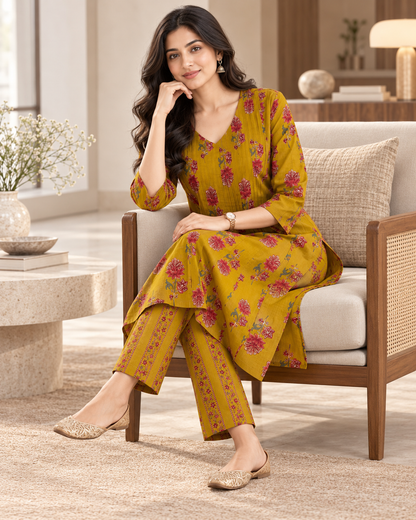 Mustard Blossom Pintex Cotton Kurta pant Set