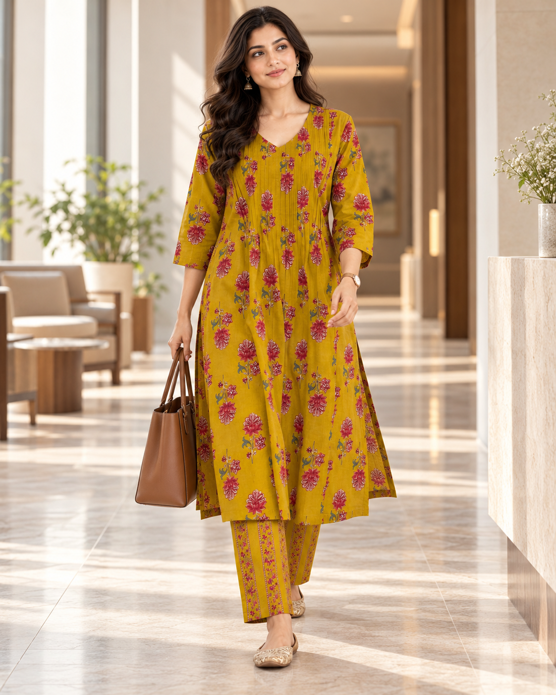 Mustard Blossom Pintex Cotton Kurta pant Set