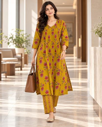 Mustard Blossom Pintex Cotton Kurta pant Set