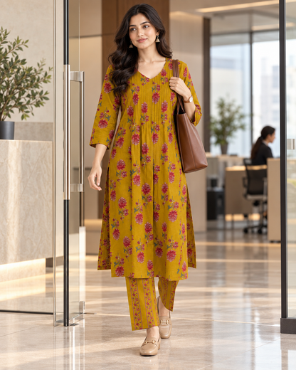 Mustard Blossom Pintex Cotton Kurta pant Set