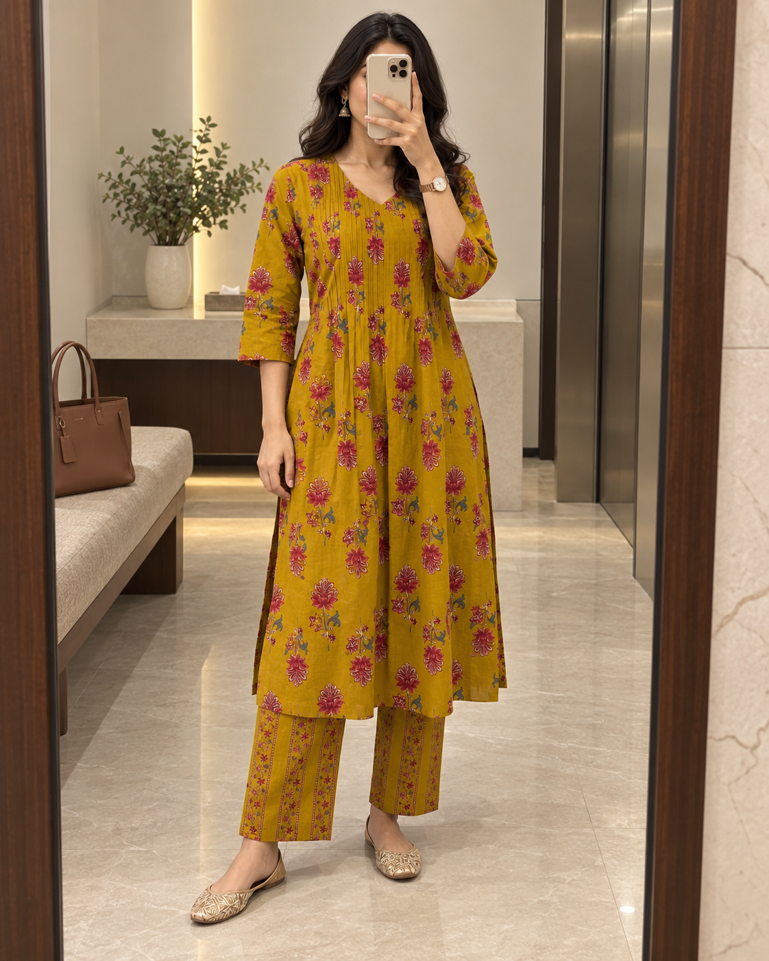 Mustard Blossom Pintex Cotton Kurta pant Set