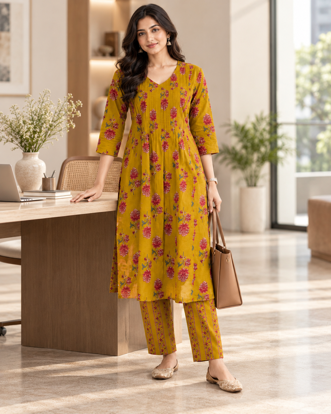 Mustard Blossom Pintex Cotton Kurta pant Set