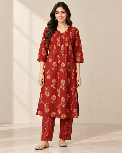 Brick Blossom Pintex Cotton Kurta Pant Set