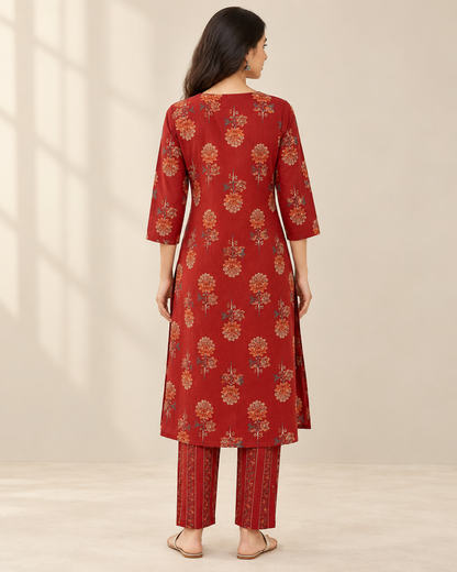 Brick Blossom Pintex Cotton Kurta Pant Set